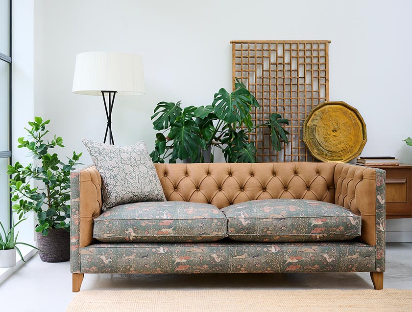 Haresfield 3 Seater Sofa in V&A Threads of India Varanasi Wilderness Hunter and Lahore Dynasty Hunter and Crest Leather Light Tan